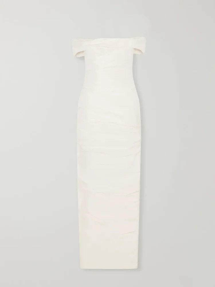 Off-the-shoulder draped duchess-satin bustier gown