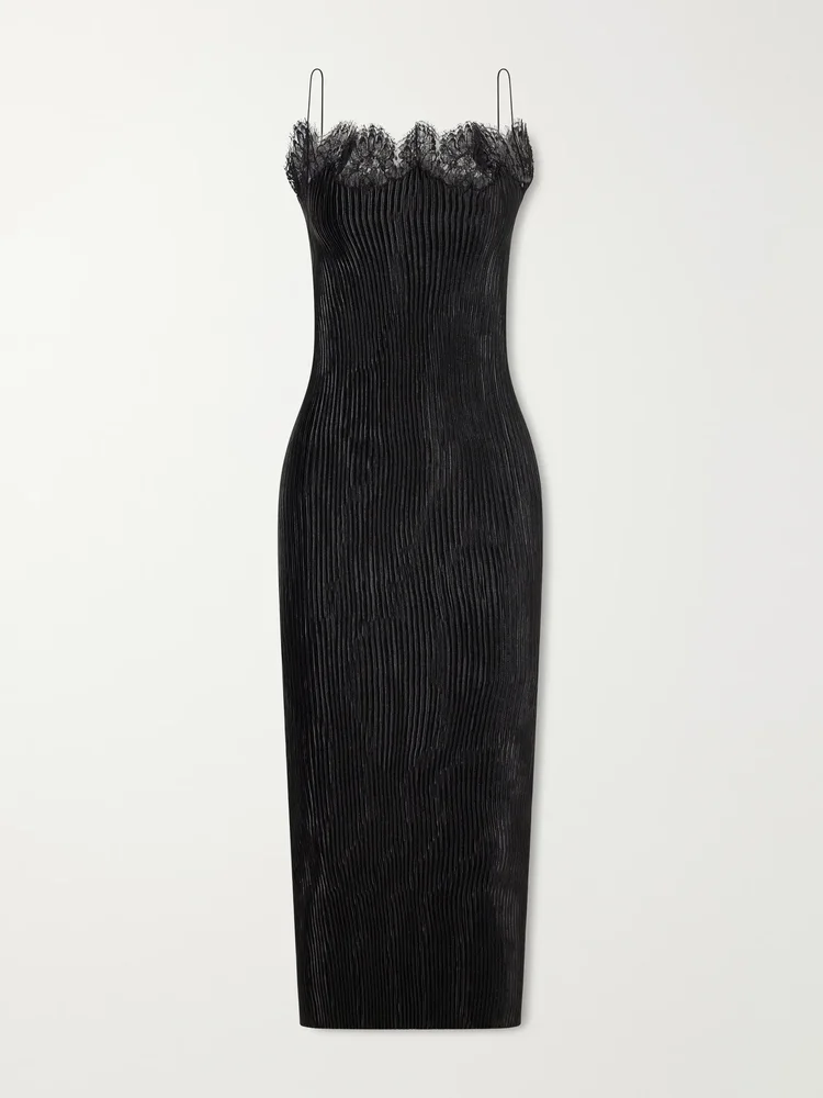 Lumie lace-trimmed pleated satin midi dress