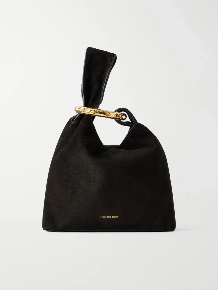 Swing embellished suede clutch