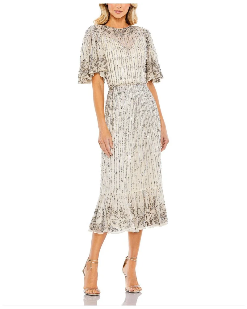 Sequined Flounce Sleeve Midi Dress