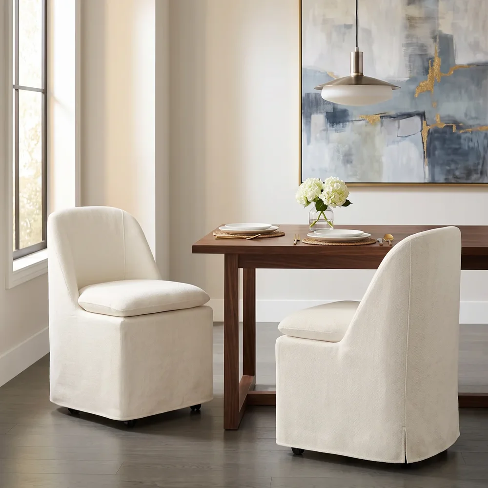 Upholstered Dining Chair with Washable Slipcover & Casters (Set of 2)