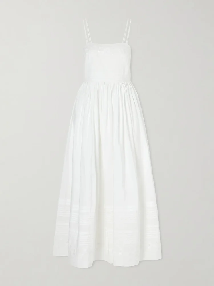 Chamomile pintucked embroidered cotton-poplin midi dress