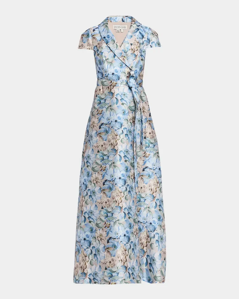 Etienne Floral-Print Mikado Wrap Gown