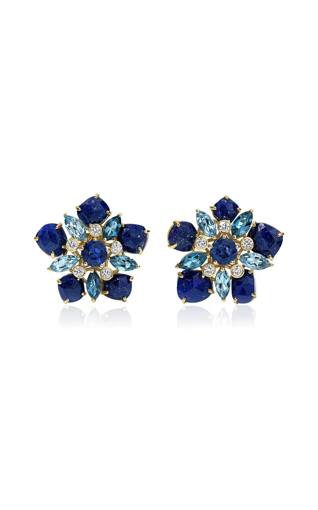 Blue Petal 14K Yellow Gold Multi-Stone Stud Earrings