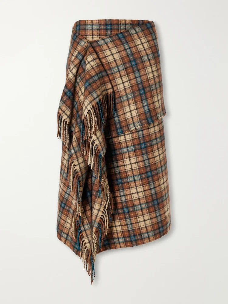 Asymmetric fringed checked cashmere wrap midi skirt