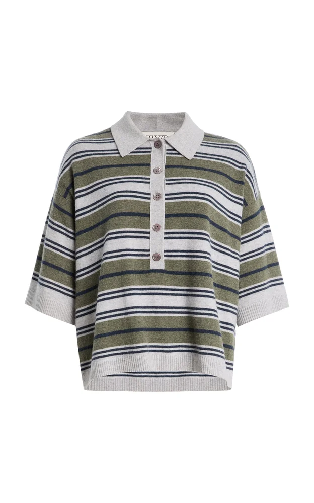 Short-Sleeve Striped Cashmere Polo Sweater