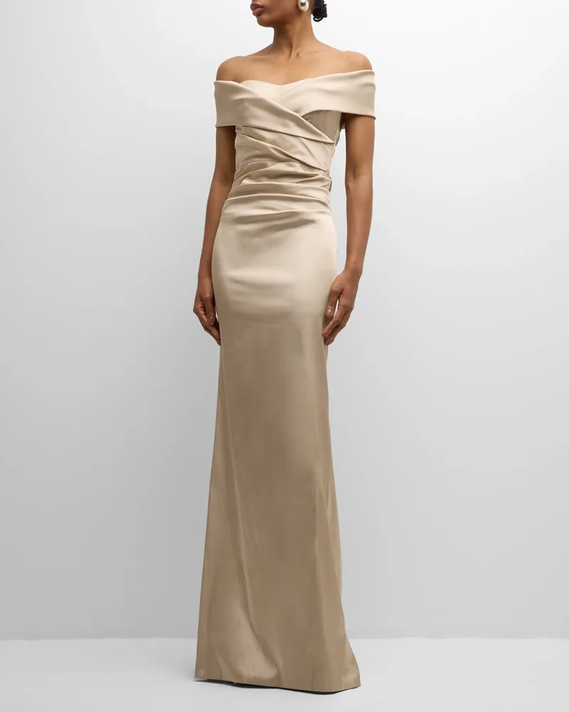 Pleated Off-Shoulder Satin Column Gown