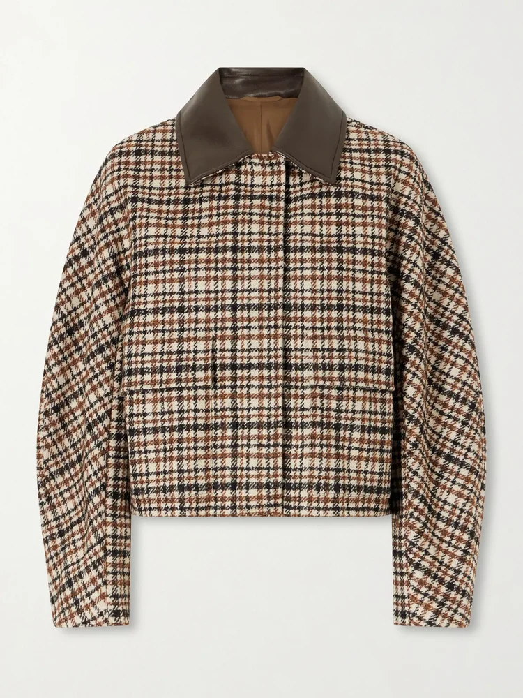 Checked leather-trimmed wool-blend jacket