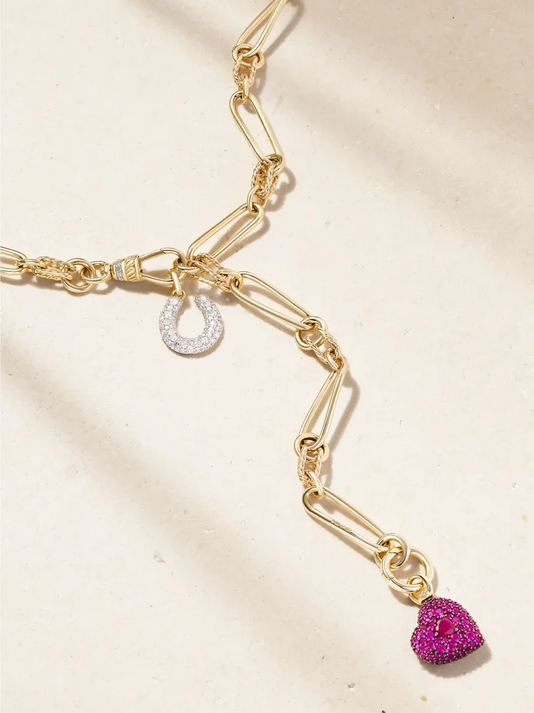 Twisted Chain, Horseshoe and Heart convertible 14-karat gold, rhodium-plated, ruby and diamond necklace