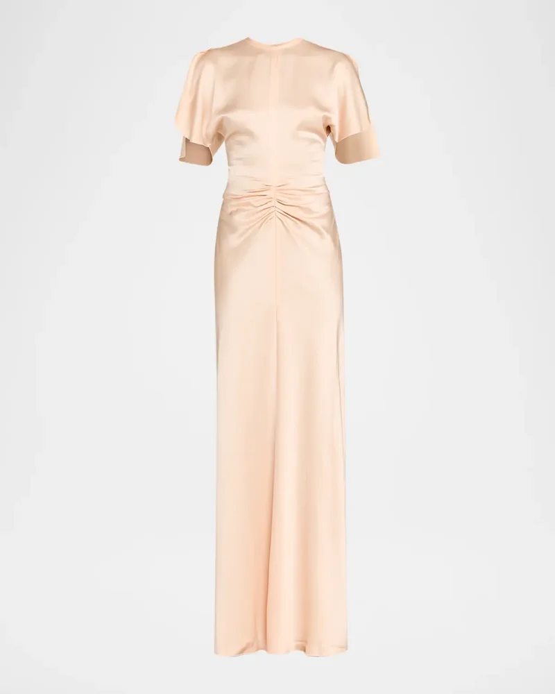 Gathered Waist Flutter-Sleeve Satin Gown
