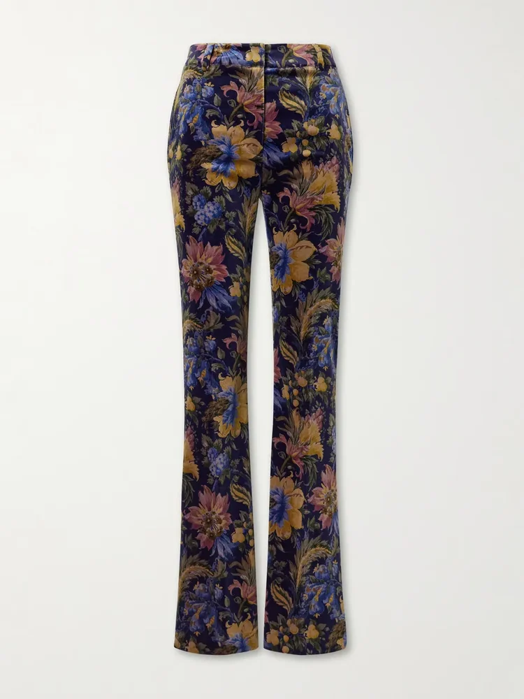 Printed cotton-blend velvet flared pants
