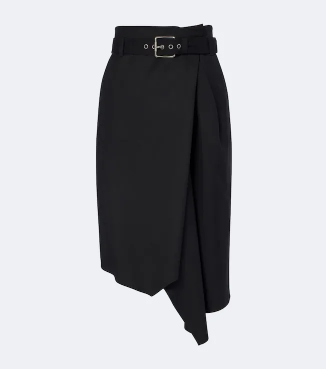 Belted draped wool midi skirt