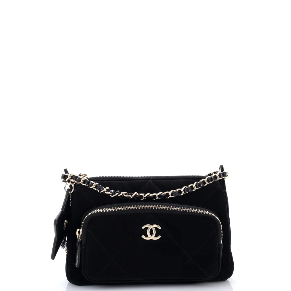 Pre-Owned 25 Clutch With Chain Quilted Velvet Effect Nylon and Shiny Crumpled Calfskin Mini in Black, Gold Tone Hardware