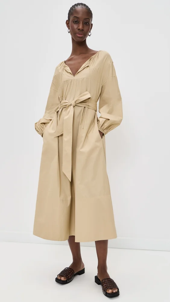 Shirred Cotton Belted Tie-Neck Dress