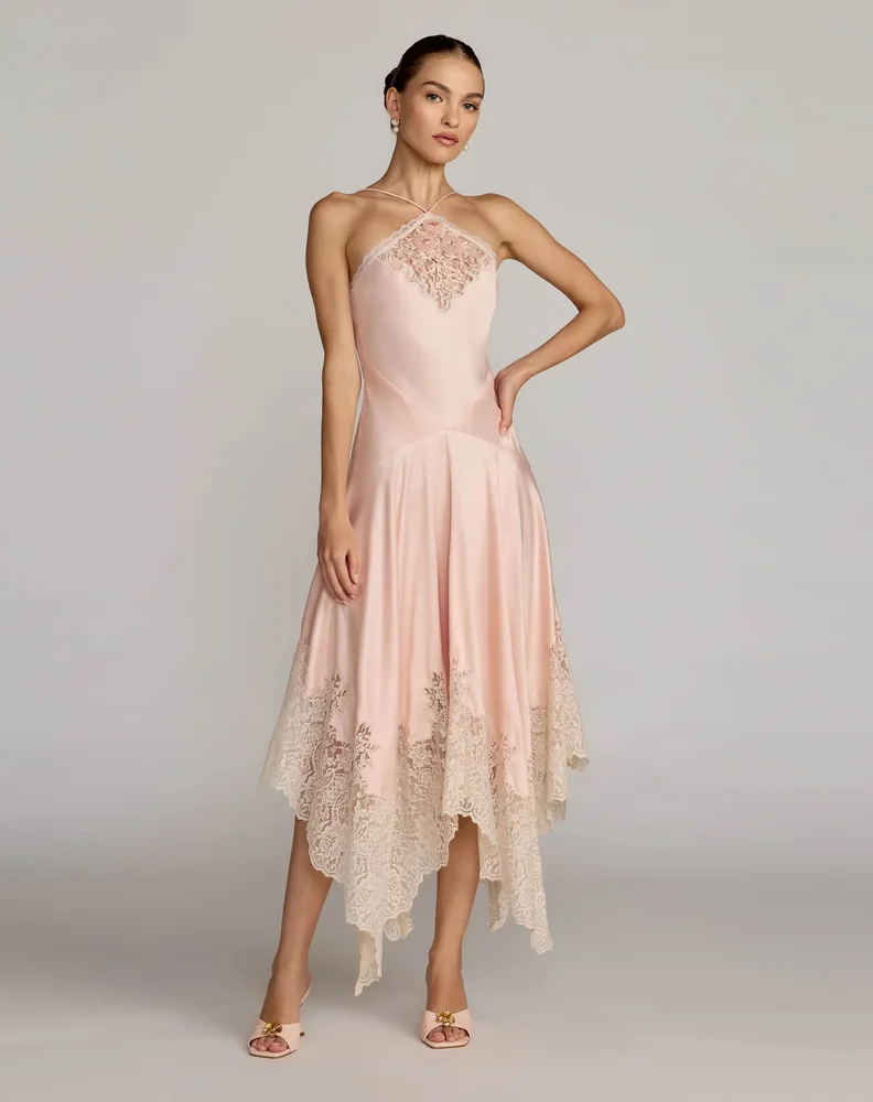 Light Pink Lace Trim Handkerchief Midi Dress