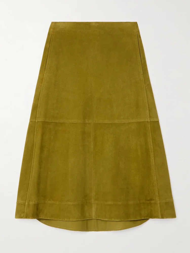 Pleated paneled suede midi skirt
