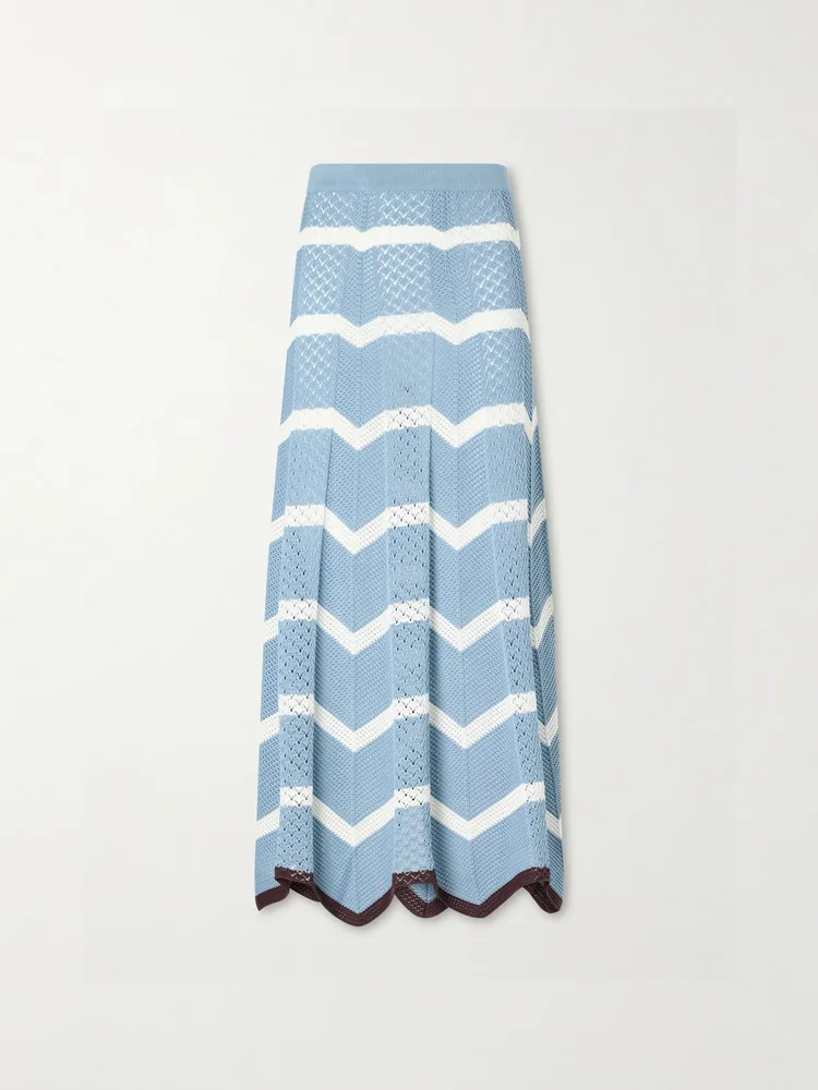 Chevron scalloped striped pointelle-knit cotton maxi skirt