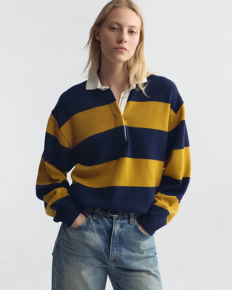 Rashida Rugby Sweater, Navy Amber Stripe