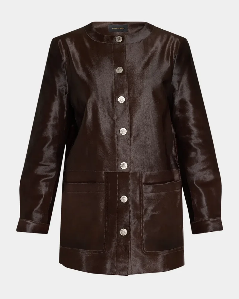Lisa Leather & Calf Hair Button-Front Coat