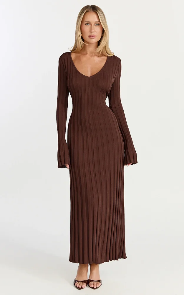Astra Maxi Dress, V Neck Long Sleeve Knit Dress in Chocolate