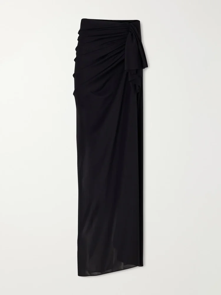 Tie-detailed gathered powermesh maxi skirt