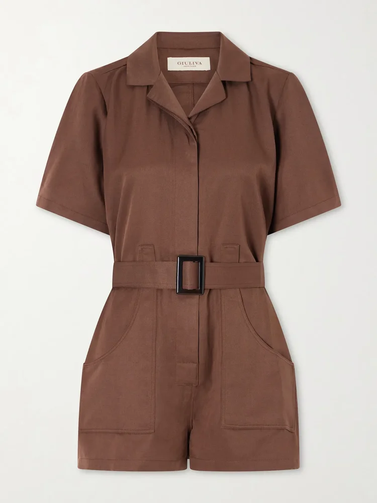 Sienna belted silk and linen-blend playsuit