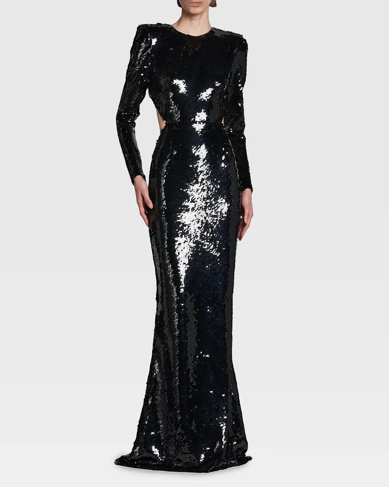 Sequined Long-Sleeve Backless Trumpet Gown
