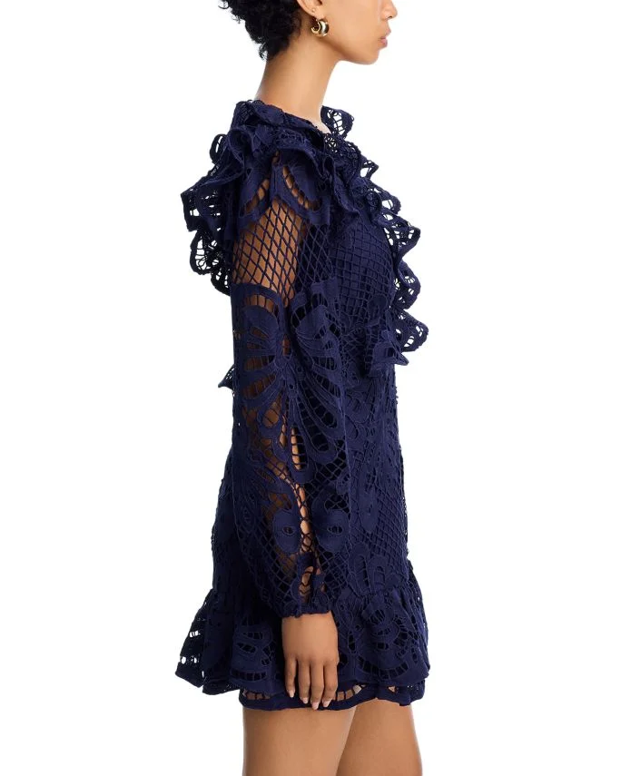 Lace V Neck Long Sleeve Ruffle Mini Dress - Exclusive
