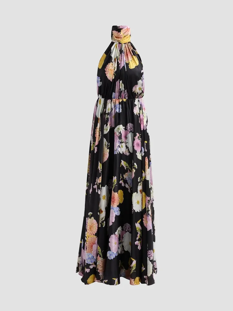 Eli Floral Satin Chiffon Halter Gown