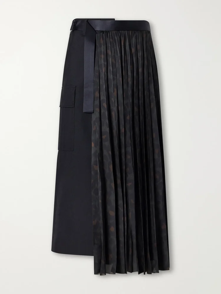 Pleated leopard-print jersey and satin midi skirt