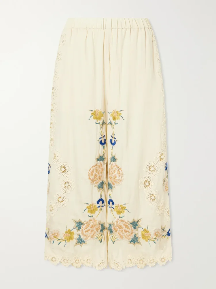 addona floral embroidered broderie anglaise trimmed cotton wide leg pants