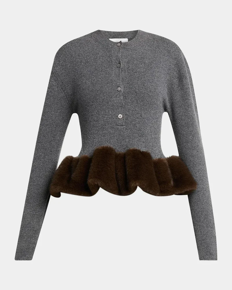Faux Fur Trim Wool Crewneck Sweater