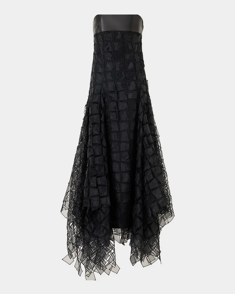 Strapless Trapezoid Embroidered Organza Fringe Maxi Dress
