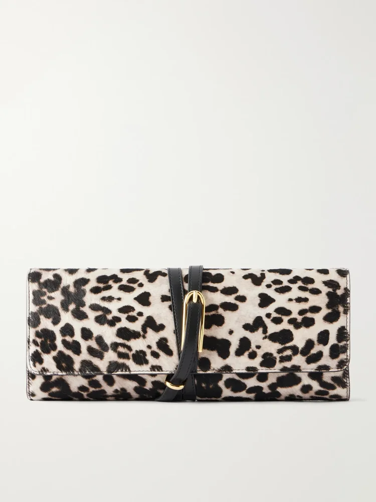 Belted leopard-effect calf hair clutch
