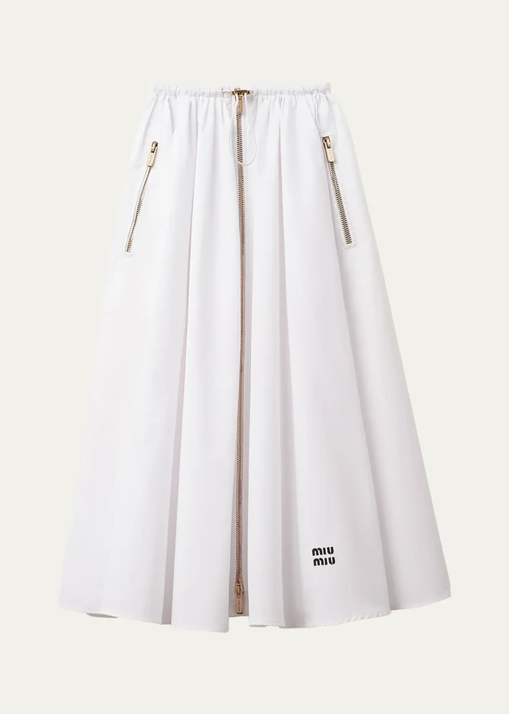 Popeline Drawstring Zip-Front Midi Skirt