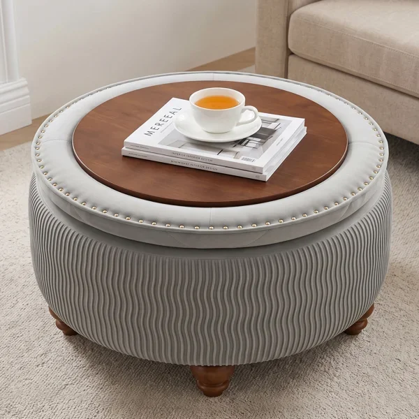 28-inch Wide Tufted Round Storage Ottoman with Dark Walnut Legs