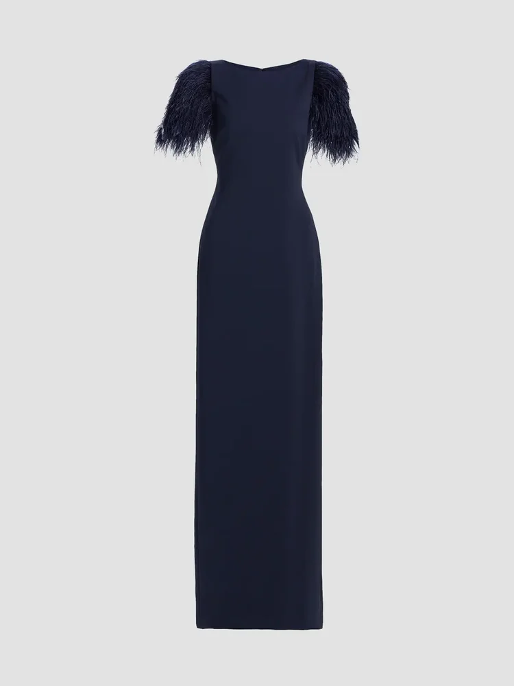 Feather Cuff Odessa Crepe Column Gown