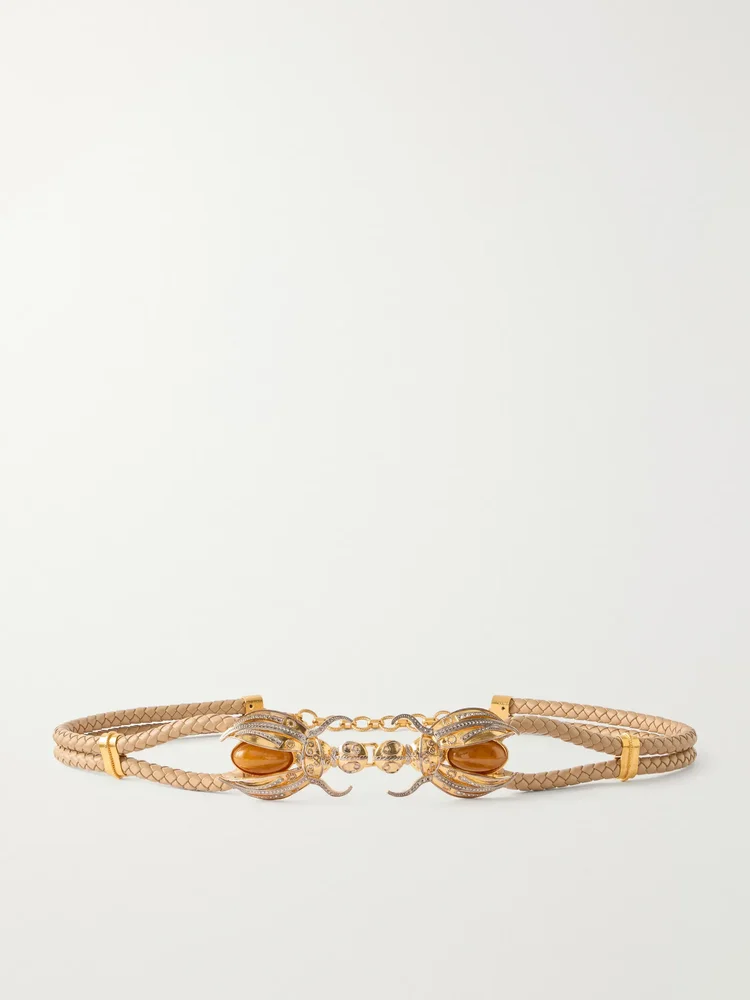 Scarab gold-tone, woven leather and amber belt