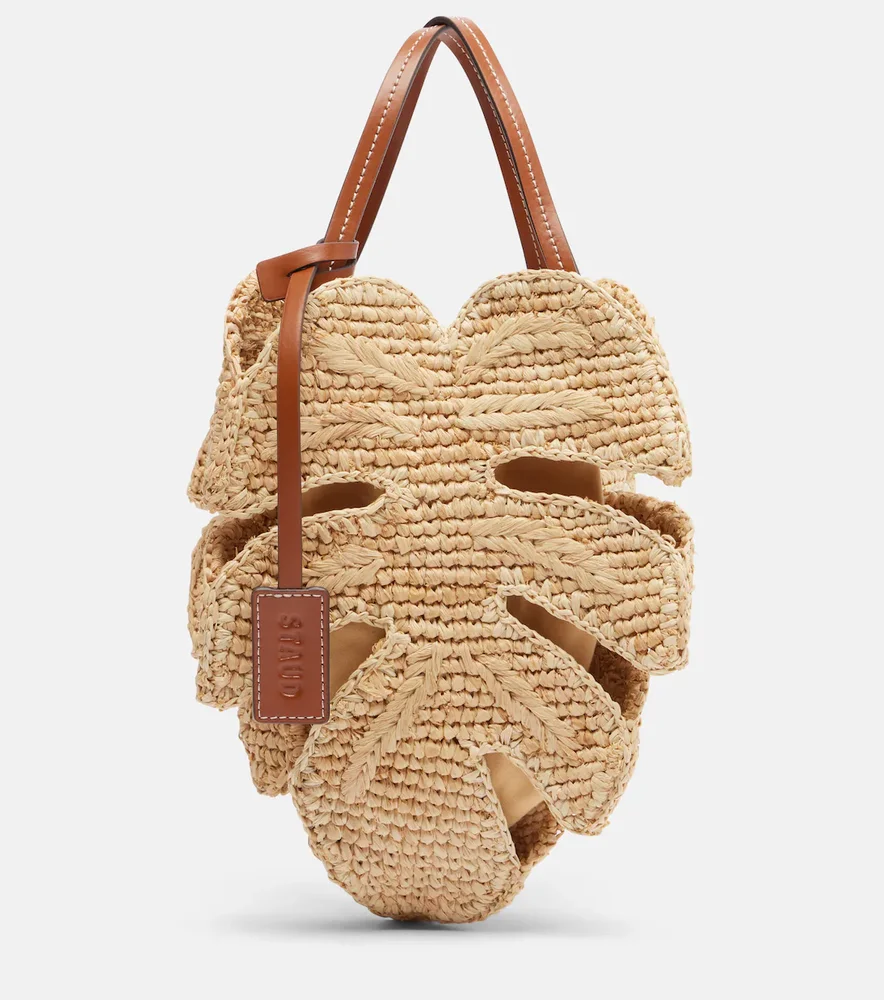 Palm leather-trimmed raffia top-handle bag