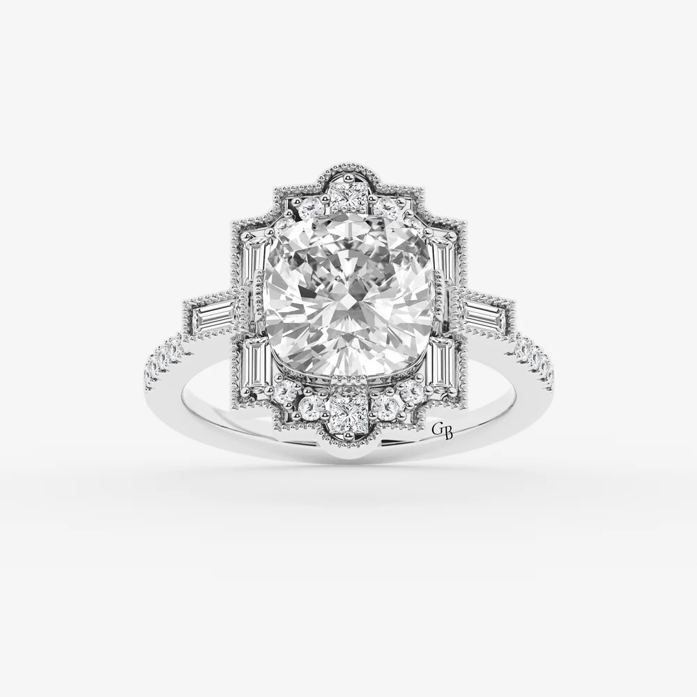 Matilda 2 3/4 ctw Cushion Old Mine Cut Lab Grown Diamond Vintage Side Stone Engagement Ring 14K White Gold
