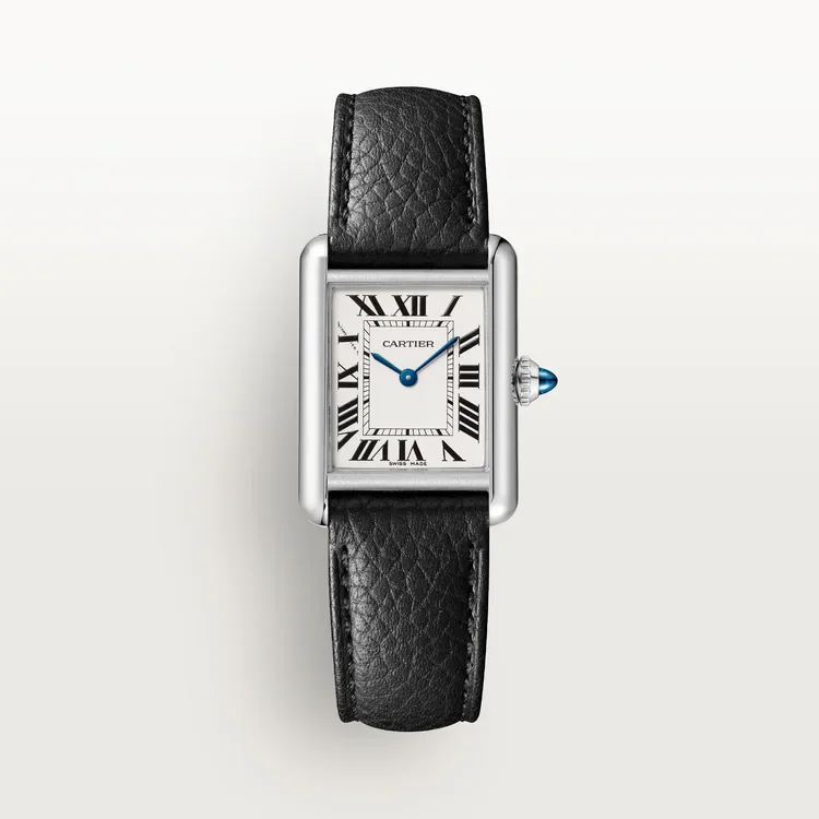 Tank Must de Cartier Watch, Small Model, Quartz, Steel Case and Black Grained Calfskin Strap (WSTA0135)