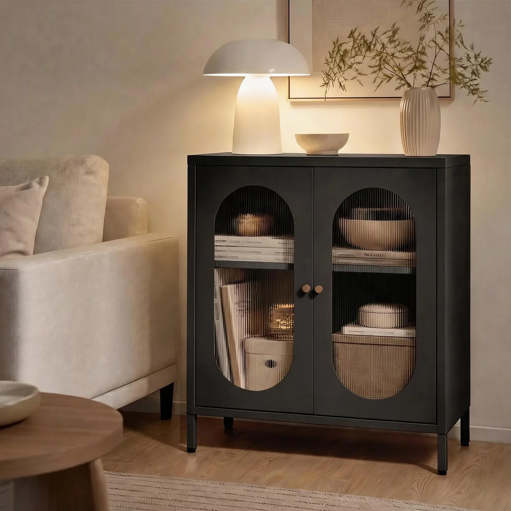 26.8" Black Entryway Sideboard Cabinet With Glass Doors