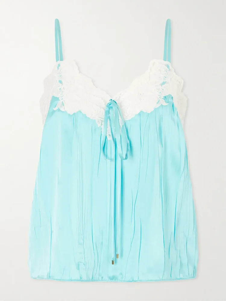 Lace-trimmed crinkled silk-satin top