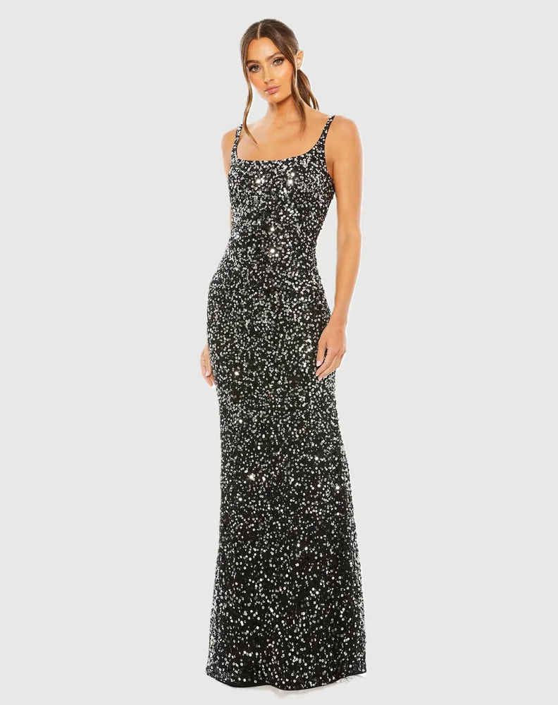 Petite Black Sequined Low Back Slip Gown