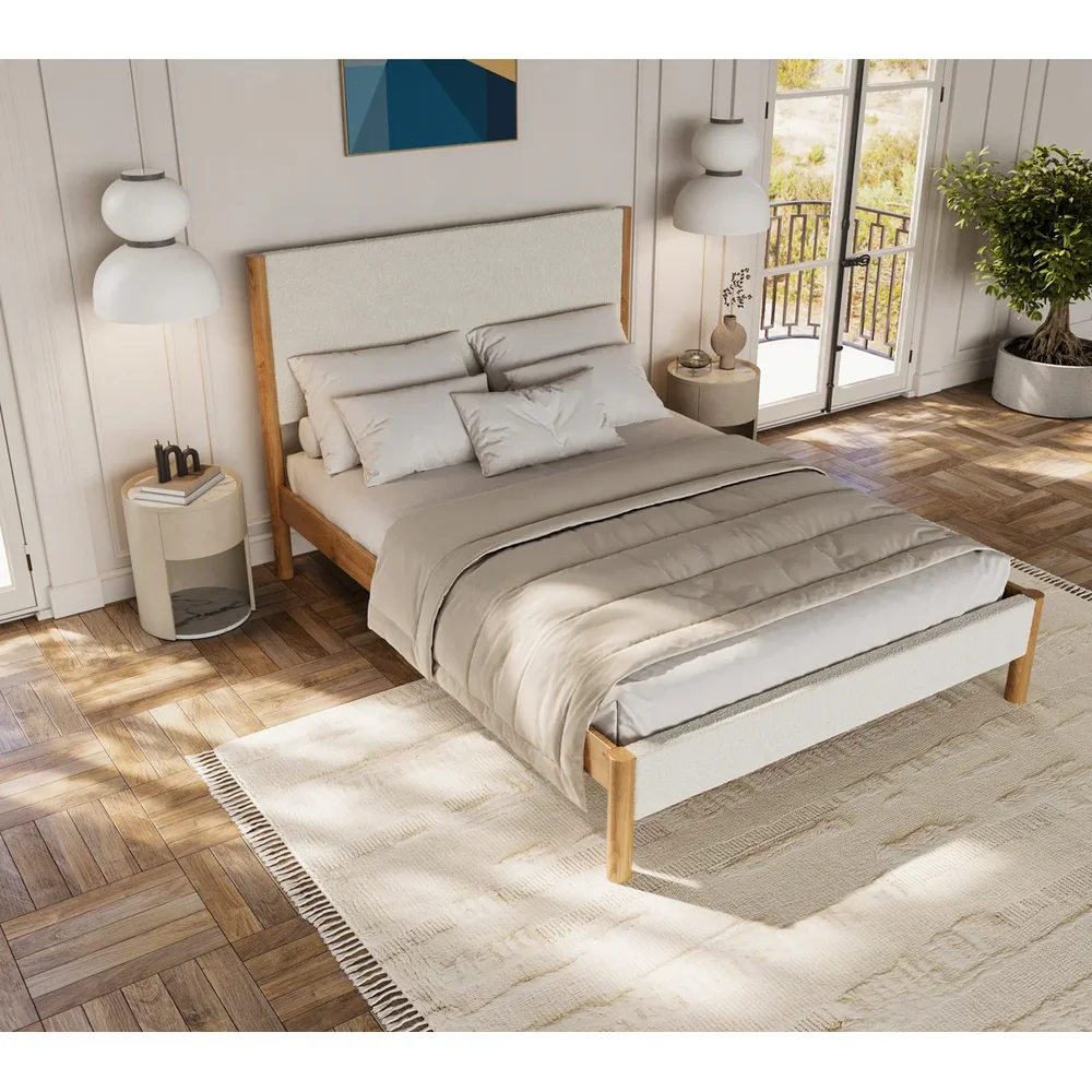 Ardin Solid Wood Bed Frame With Cream Boucle Upholstered Headboard And Footboard