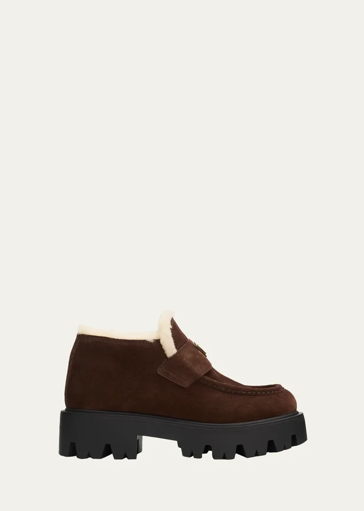 50mm Triangle Logo Shearling-Lined Suede Loafers