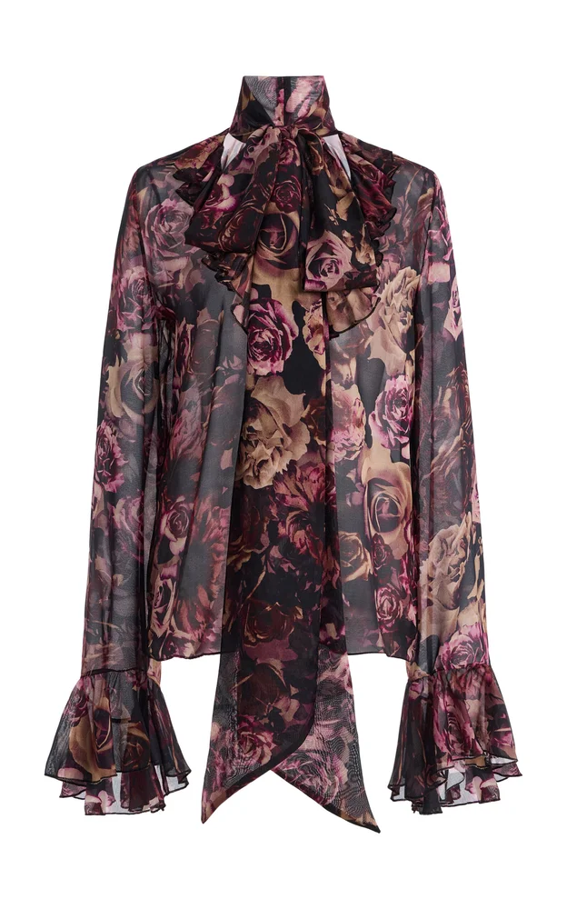 Rose Ruffled Silk Chiffon Top