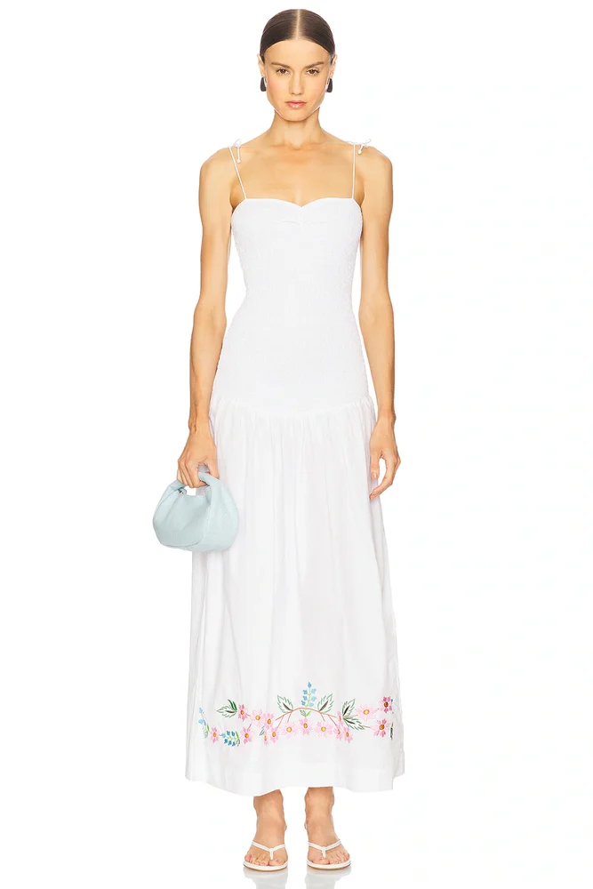 Shirred Embroidered Drop Hem Maxi Dress