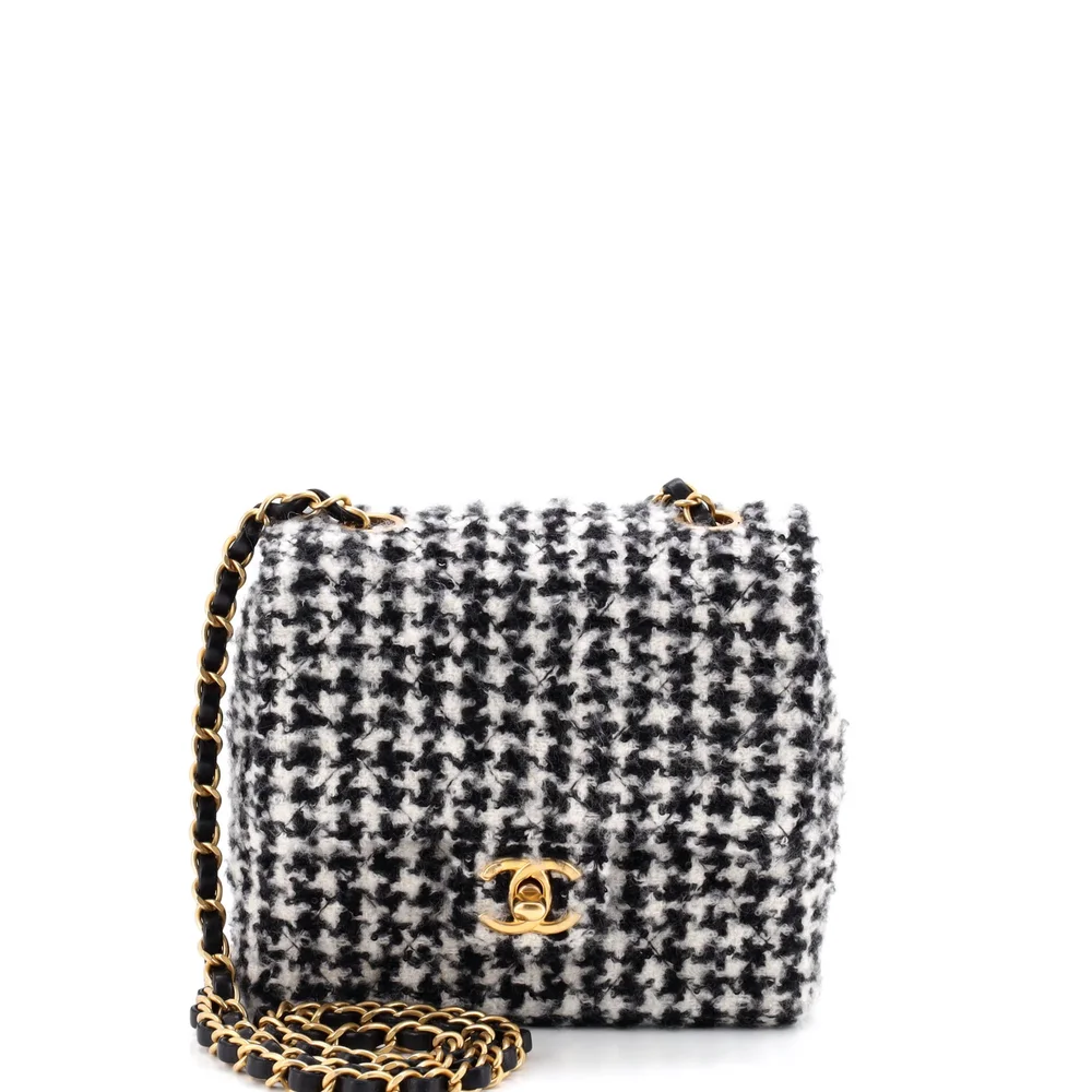 Pre-Owned Chanel Square Classic Single Flap Bag Quilted Tweed and Sequins Mini