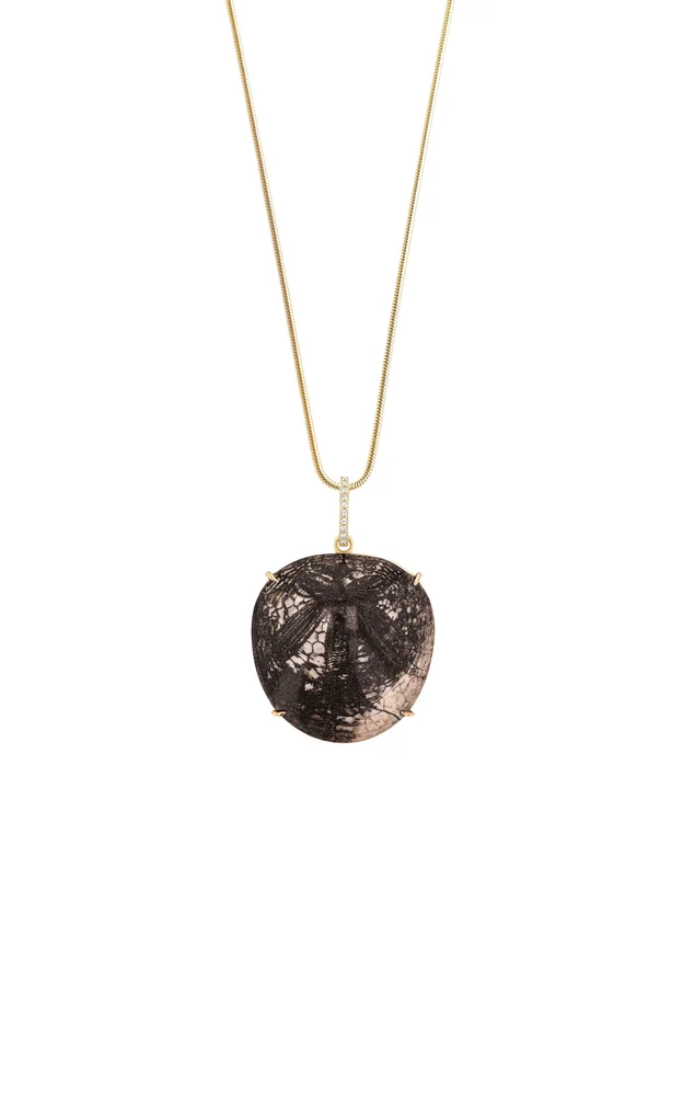 14K Gold Fossilized Sand Dollar, Diamond Necklace